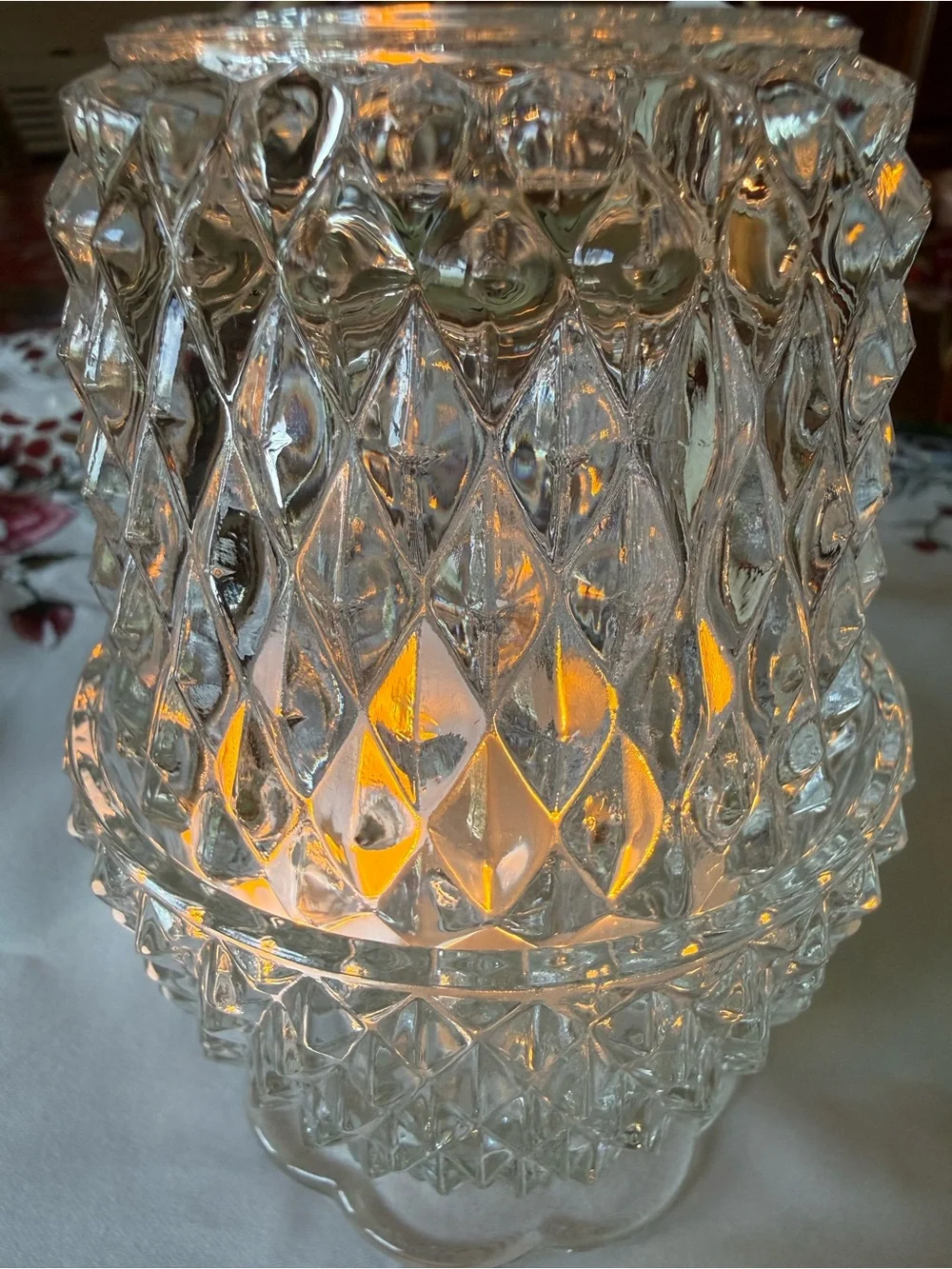 2 piece Indiana Clear Glass Diamond Point Fairy Lamp with geometric pattern.